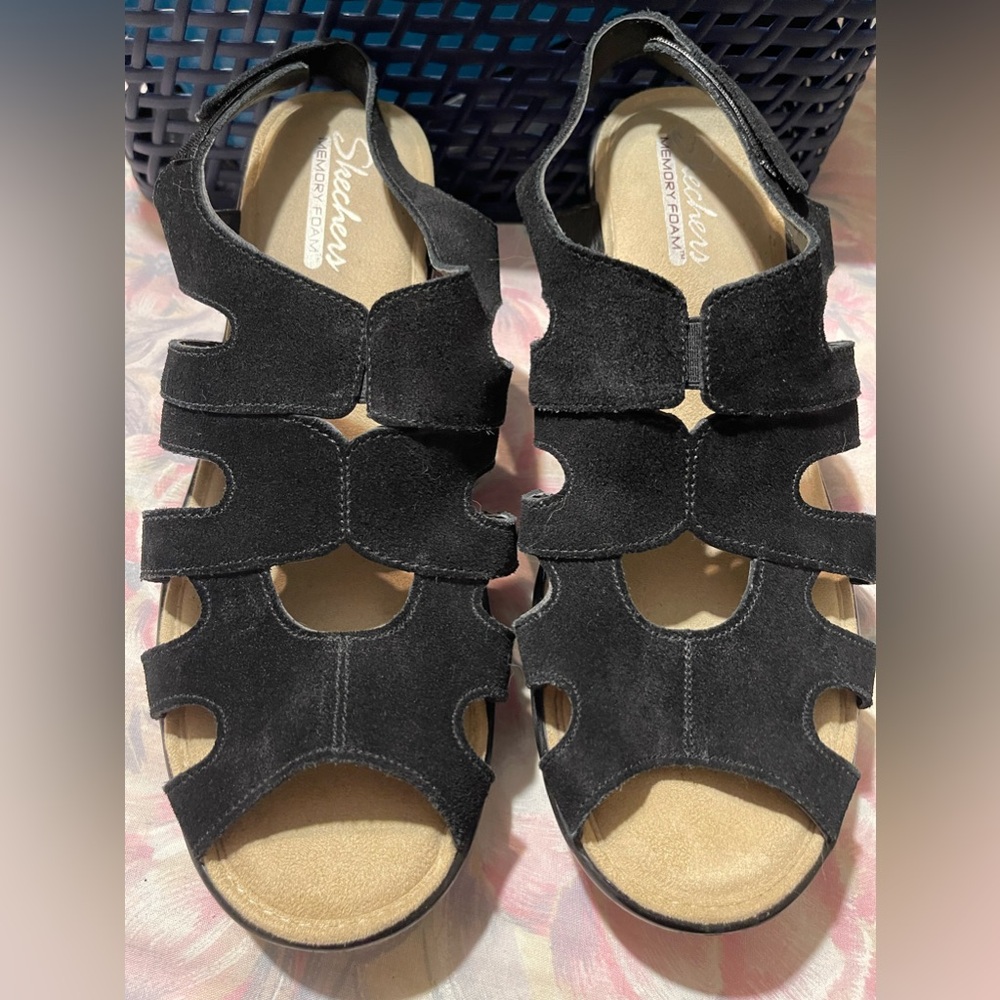 Skechers, Memory Foam, black, suede, wedge sandals. Size 11.  Barely worn.